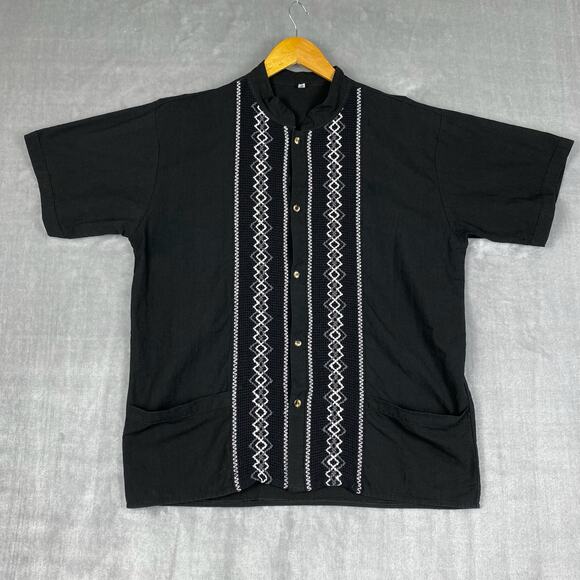 Vintage Guayabera Shirt Mens Size M/L Black 100% Cotton Cabana Resort Boho Retro